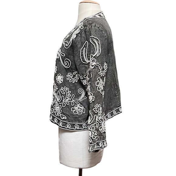 Soft Surroundings Embroidered Open Front Jacket Black Art Artsy Gray‎ White Sz L - Picture 6 of 8